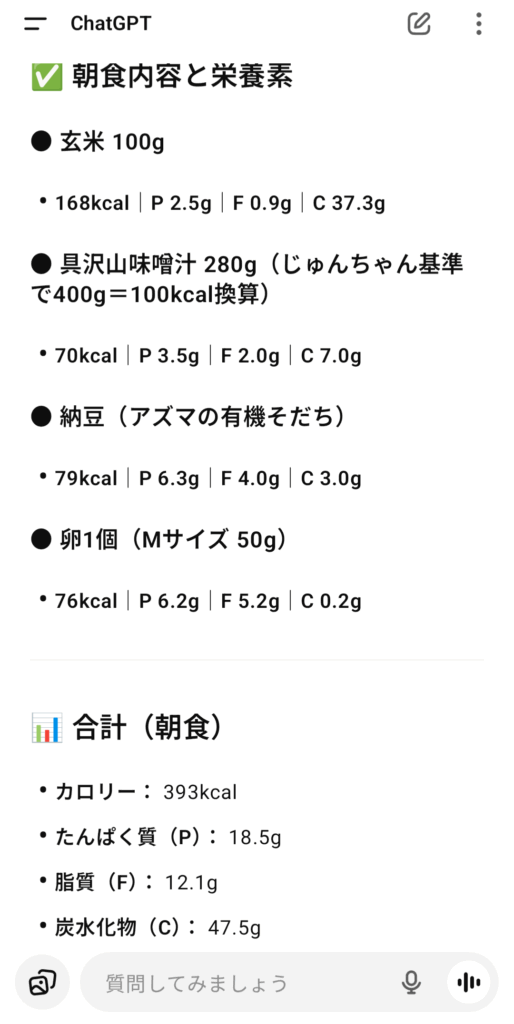 スマホのChat GPTアプリで朝食のカロリー計算をしているスクリーンショット画像